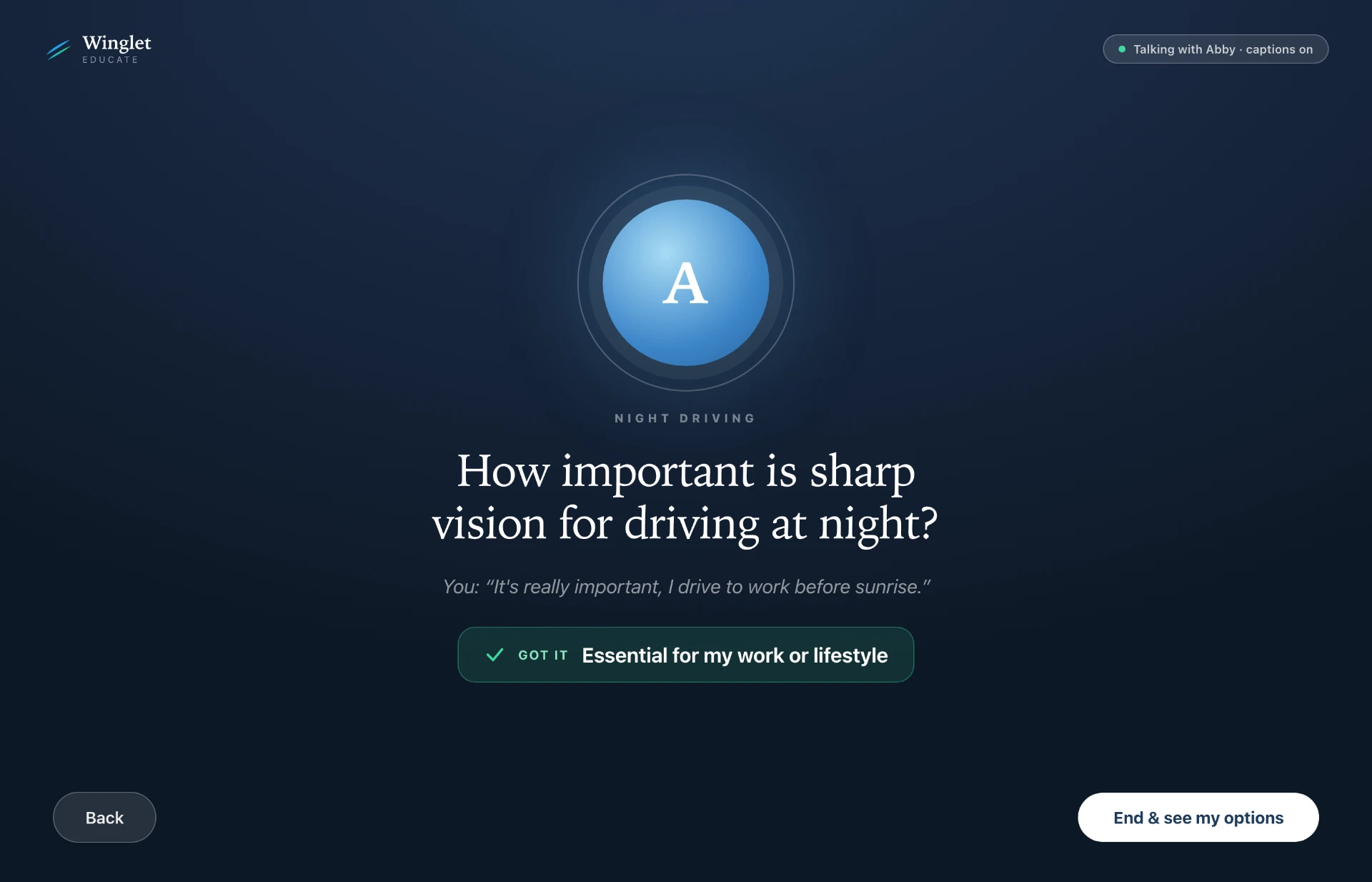 Winglet Educate voice conversation with Abby showing a glowing orb and live transcript