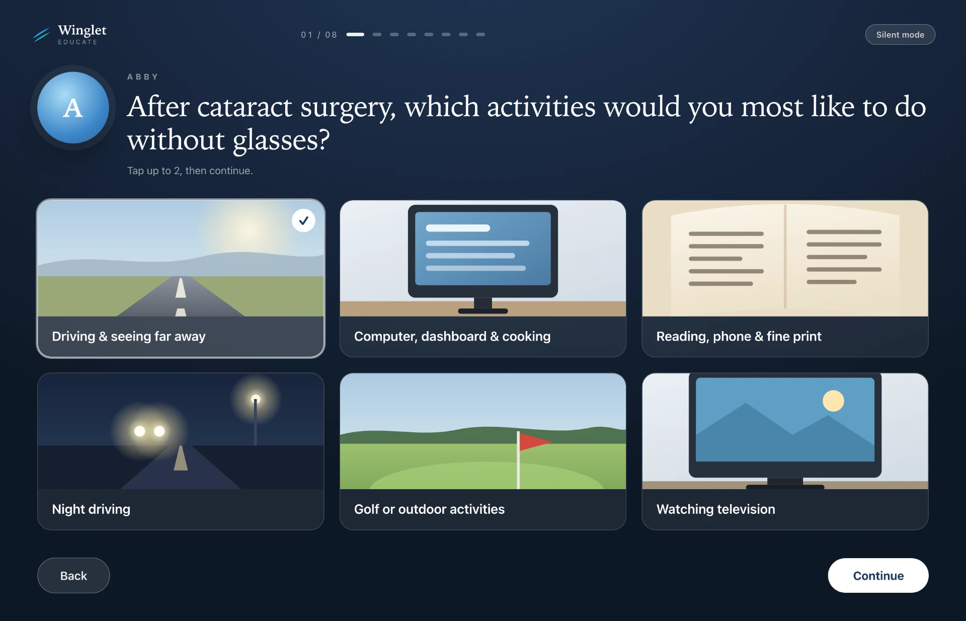 Winglet Educate silent-mode questionnaire asking about vision priorities with illustrated option cards