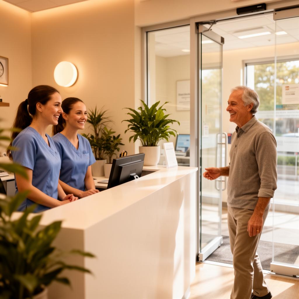 Friendly front desk staff welcoming a patient at an ophthalmology practice