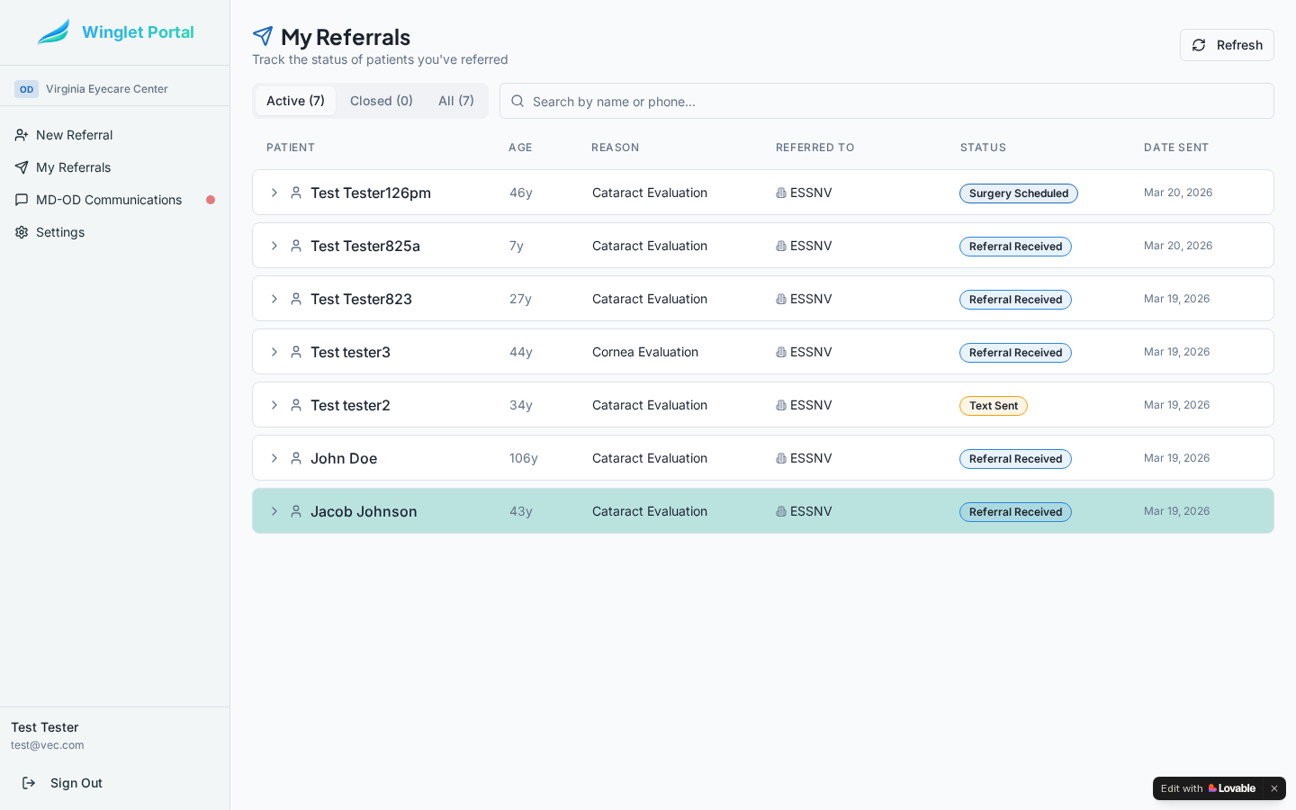 Winglet Referrals — My Referrals view showing patient handoff status
